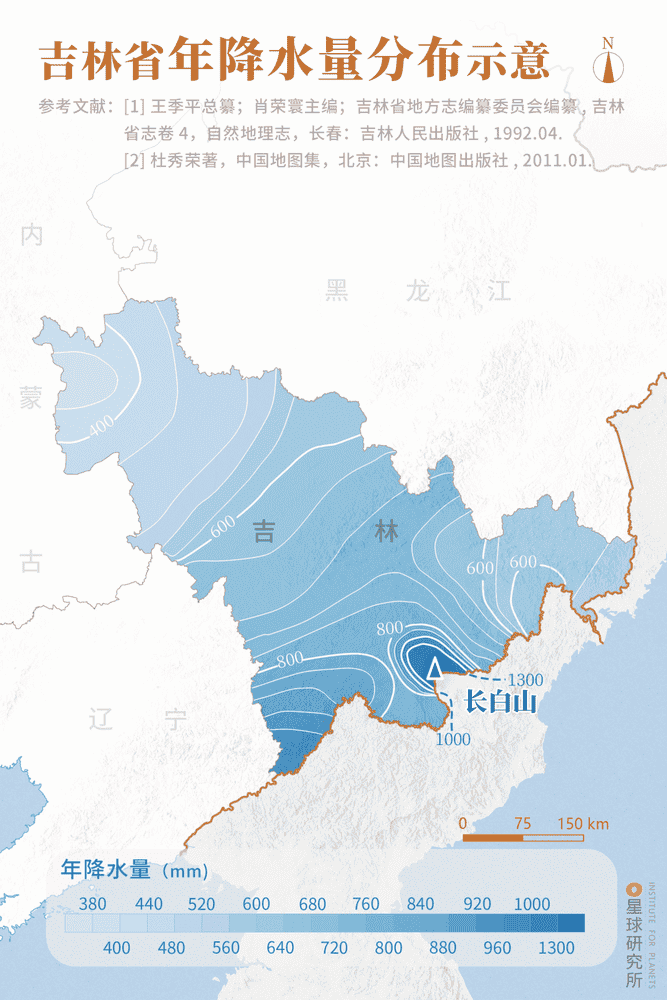 ▼(吉林省年降水量分布示意,制图@张威/星球研究所)是东北降水最丰富